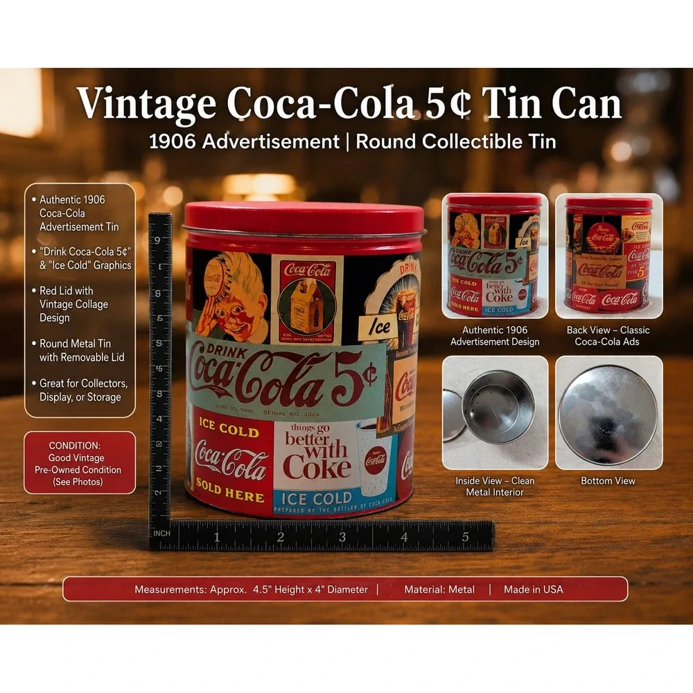 Vtg 1993‎ Coca-Cola Advertising Collage Tin Canister Red Lid 6 Inch Collectible